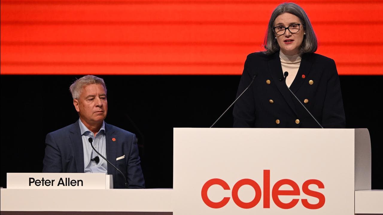 Coles chairman Peter Allen and CEO Leah Weckert at the annual meeting