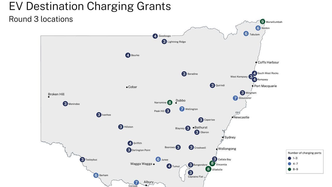 Map of where the NSW government will install electric vehicle chargers
