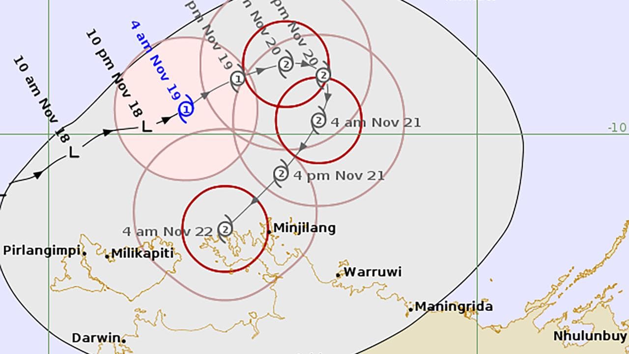 A map shows the forecast path of Tropical Cyclone Fina.