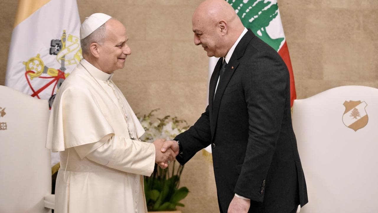 Pope Leo XIV is greeted by Lebanese President Joseph Aoun