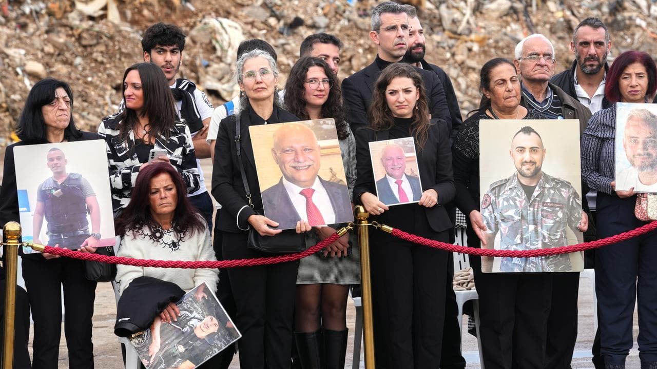 Relatives of victims of the Beirut port explosion wait for Pope Leo