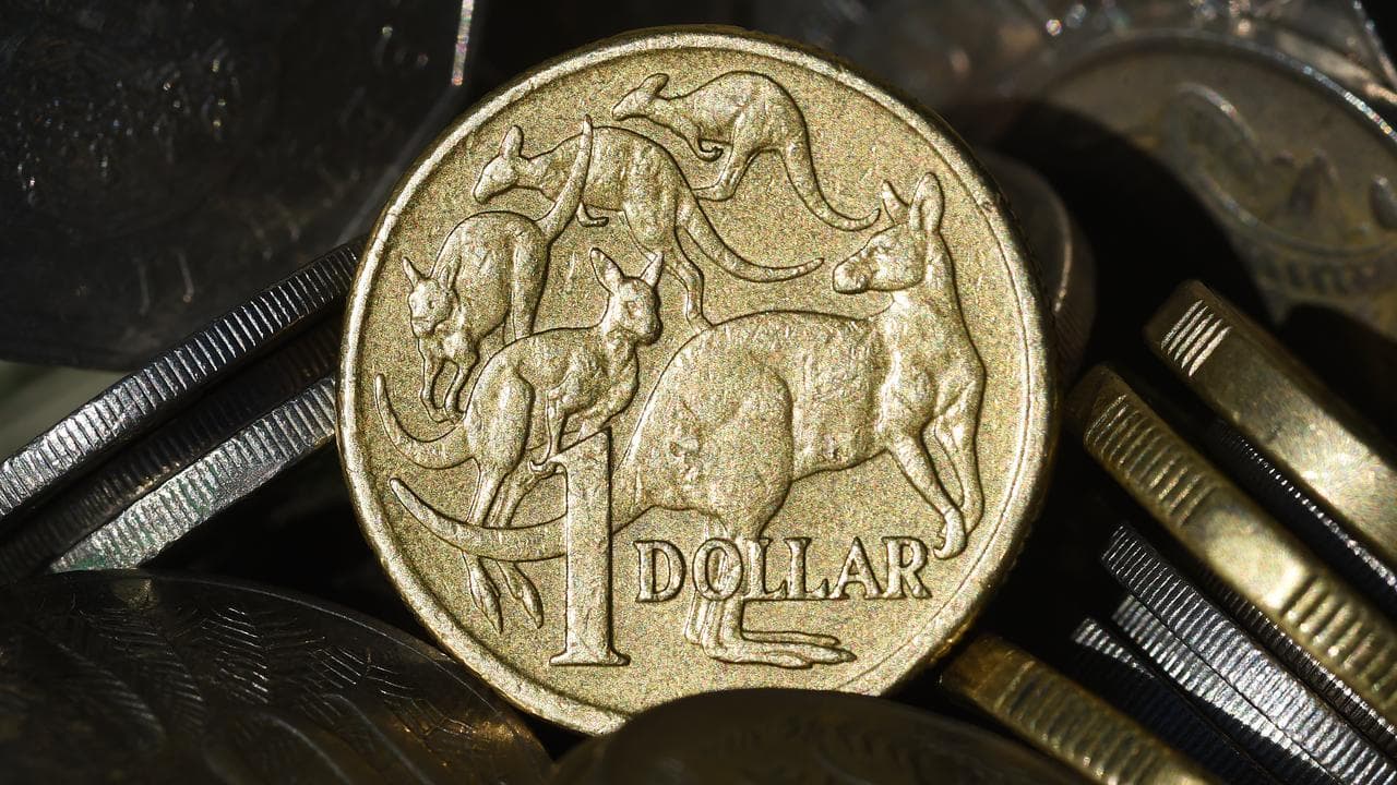 The Australian dollar is seen amongst other Australian coins