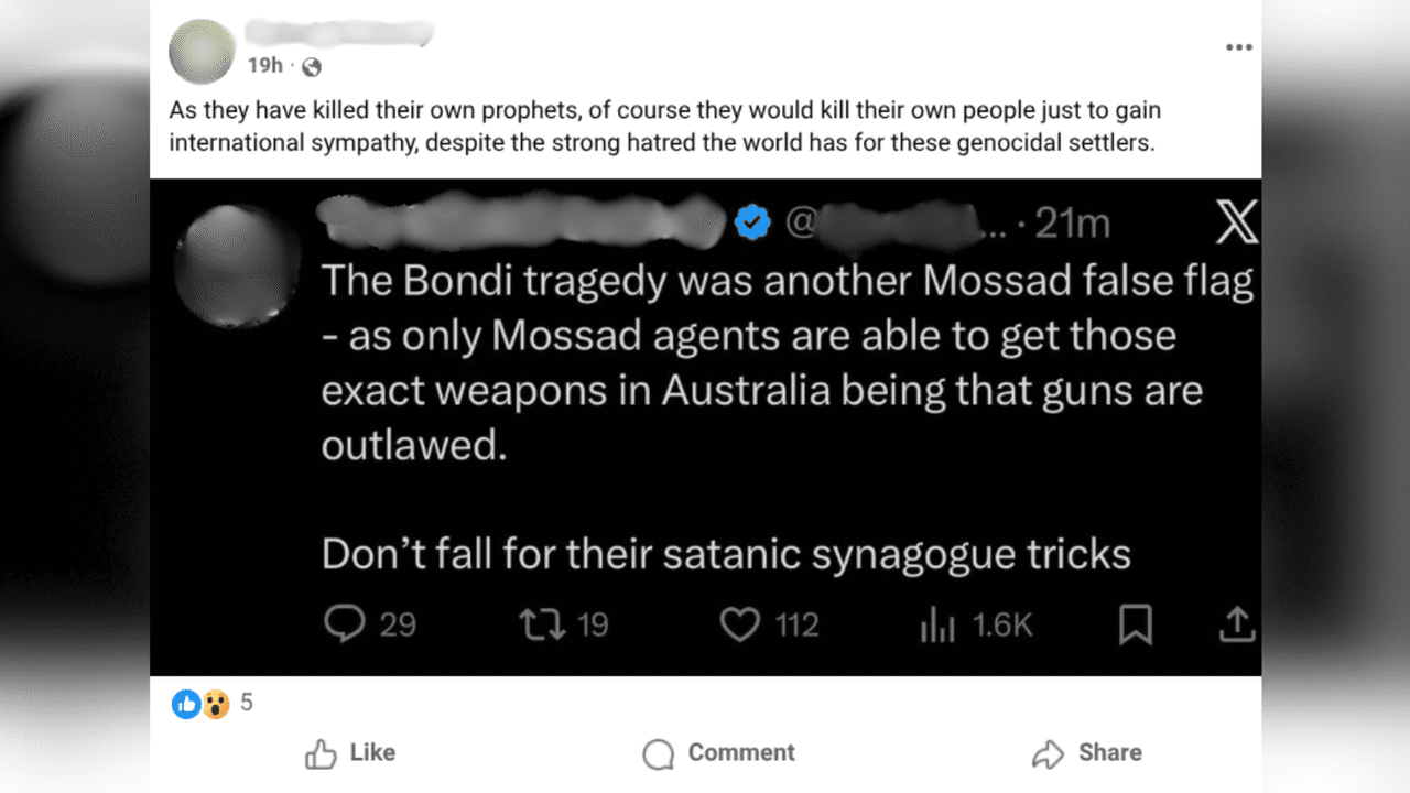 A post falsely claiming the Bondi attack was a 'false flag'.