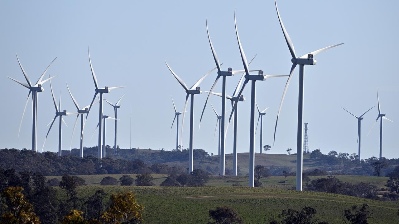 Windmill turbines are seen on 50km south of Goulburn, NSW
