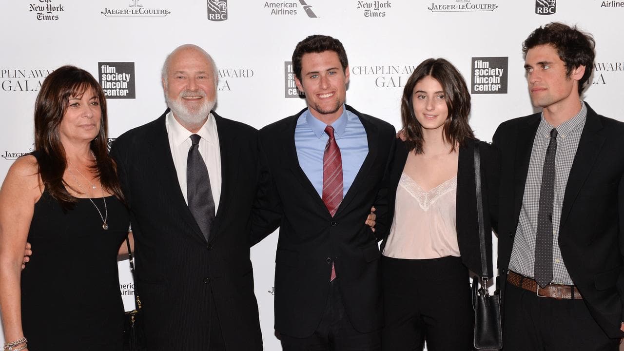 Rob Reiner, wife Michele, left, and children Jake, Romy, and Nick (R)