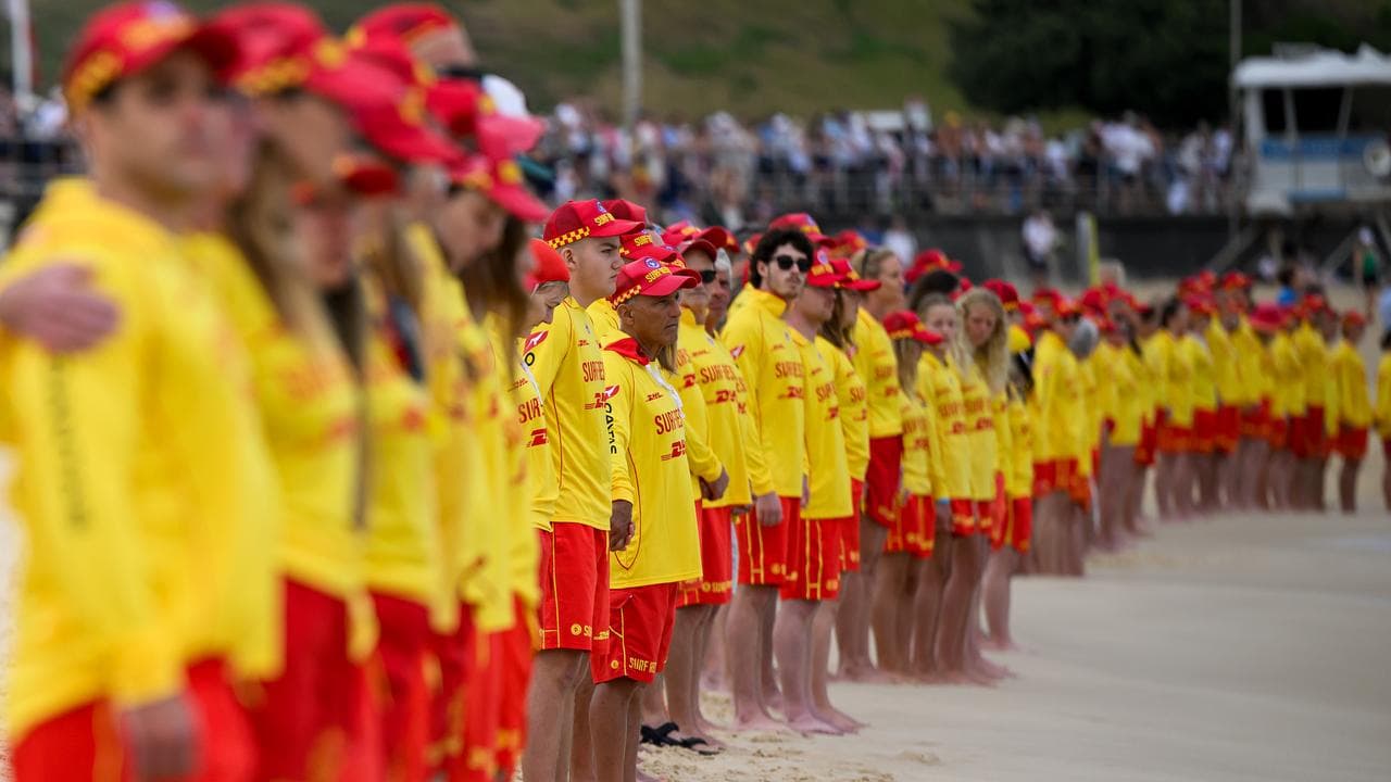 Lifesavers line the shore to remember the victims of the Bondi attack