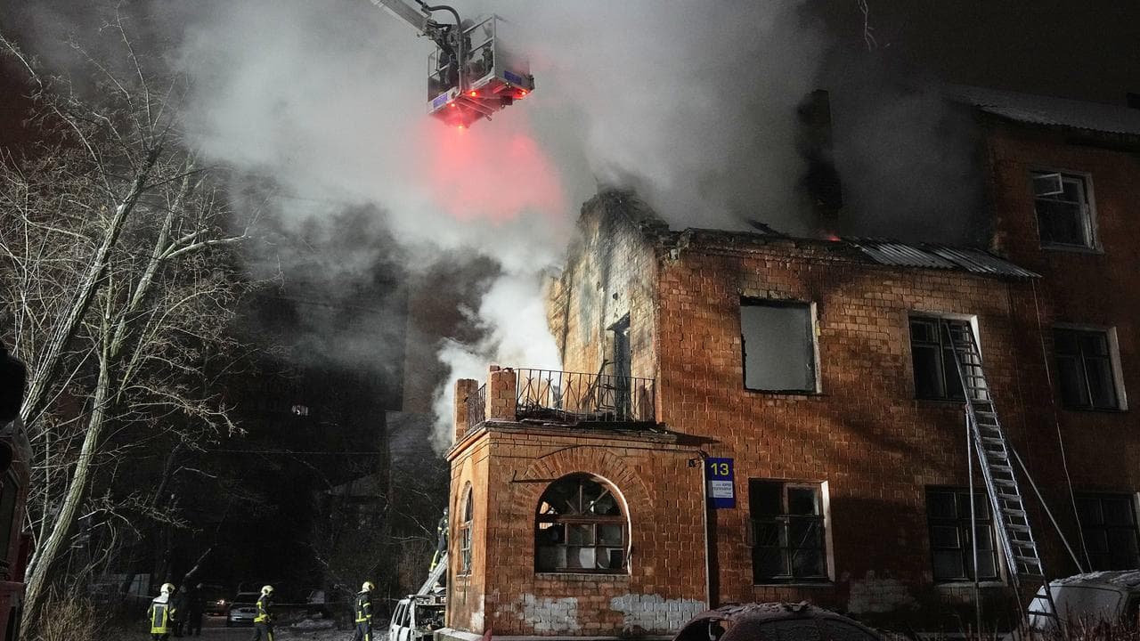 A fire at a building after a Russian strike in Kyiv