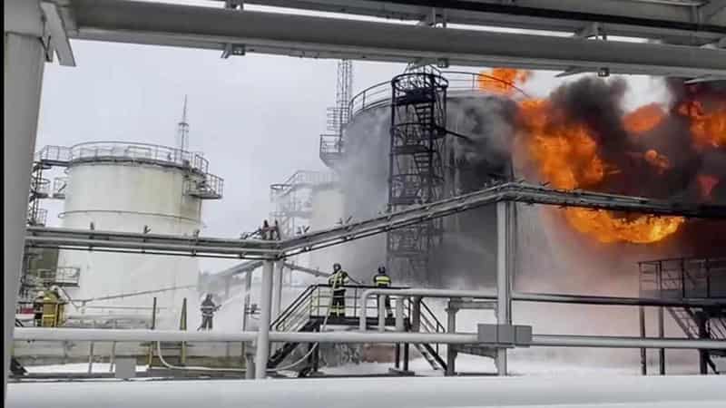 Downed Ukrainian drone causes Russian oil depot blaze