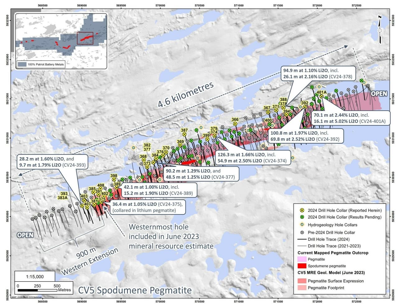 126.3 m at 1.66% Li2O and 16.1 m at 5.02% Li2O in First Batch of 2024 Drill Results from CV5 at Corvette