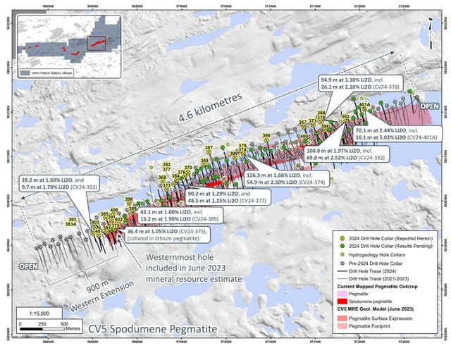 126.3 m at 1.66% Li2O and 16.1 m at 5.02% Li2O in First Batch of 2024 Drill Results from CV5 at Corvette