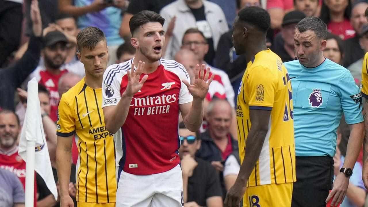 Rice sent off as Arsenal are held by Brighton