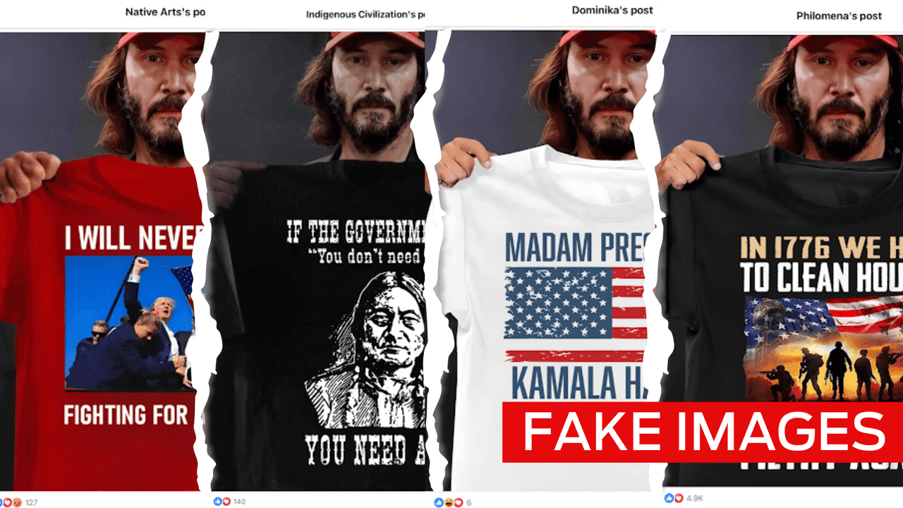 Keanu Reeves has not endorsed Trump, Harris or gun campaigns with T-shirts