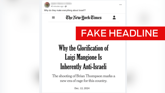 NYT headline slamming 'anti-Israeli' glorification of Luigi Mangione is fake