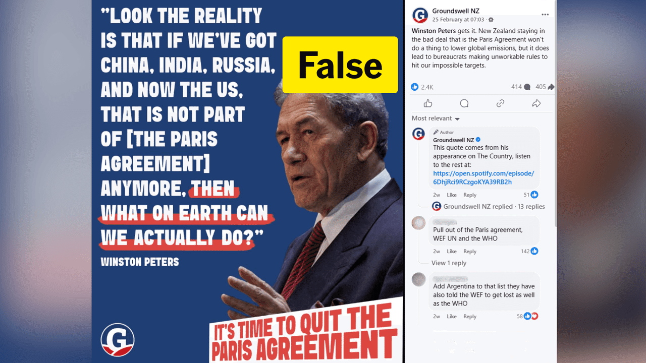 Farming group misquotes NZ deputy prime minister on Paris Agreement exodus