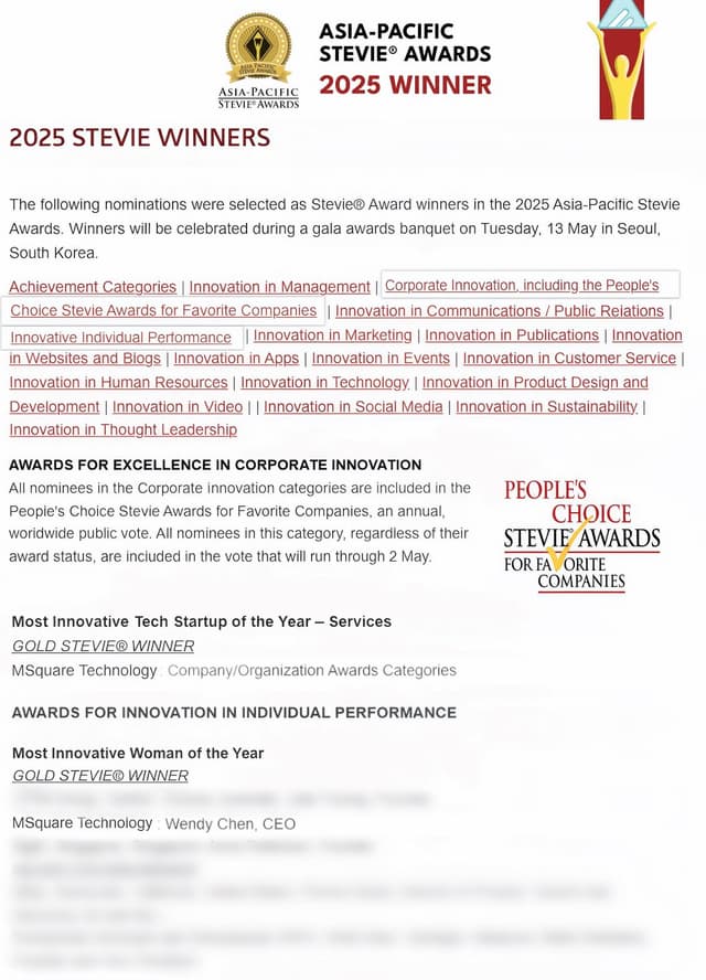 MSquare Technology Wins Dual Gold at the 2025 Asia-Pacific Stevie® Awards