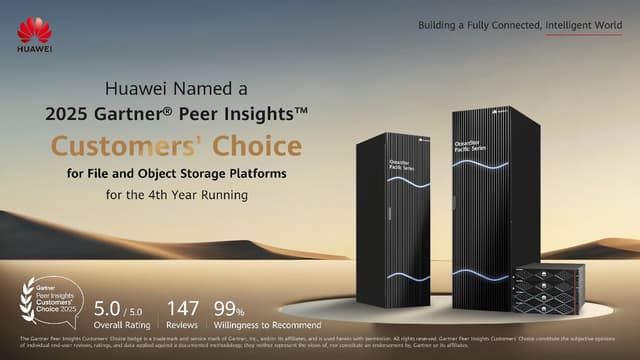 Huawei Named a 2025 Gartner® Peer InsightsTM Customers' Choice for File and Object Storage Platforms for the Fourth Year Running