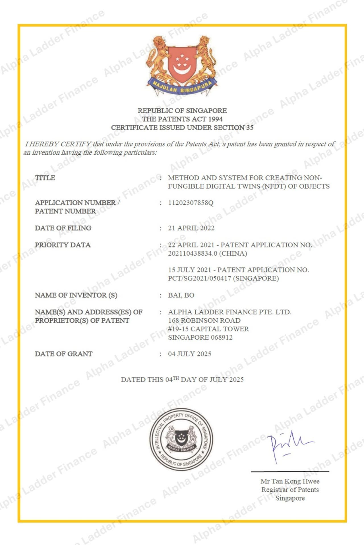 Alpha Ladder Finance Secures Foundational Patent for Real-World Assets Tokenisation (RWA Token) with Its Non-Fungible Digital Twin (NFDT) Technology