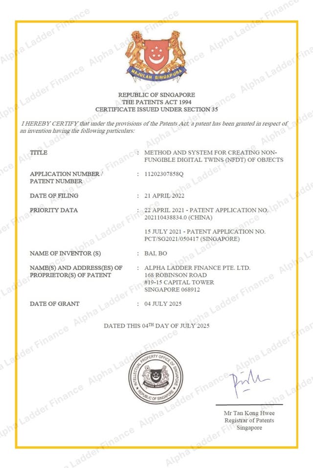 Alpha Ladder Finance Secures Foundational Patent for Real-World Assets Tokenisation (RWA Token) with Its Non-Fungible Digital Twin (NFDT) Technology