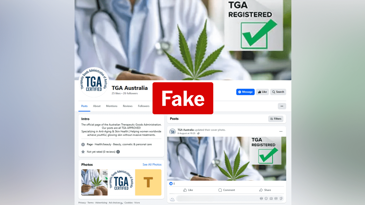 Fake TGA Facebook page not authorised, agency confirms