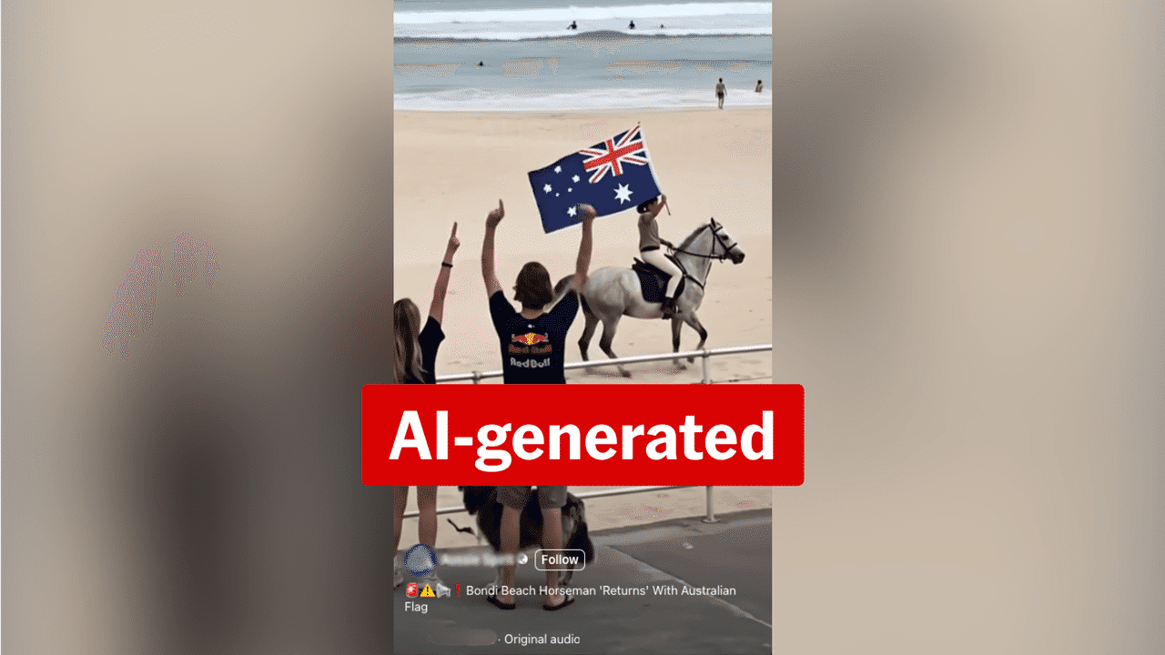 Video of Australian flag-wielding horse rider on Bondi Beach is AI slop