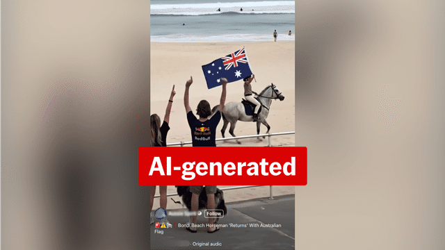Video of Australian flag-wielding horse rider on Bondi Beach is AI slop