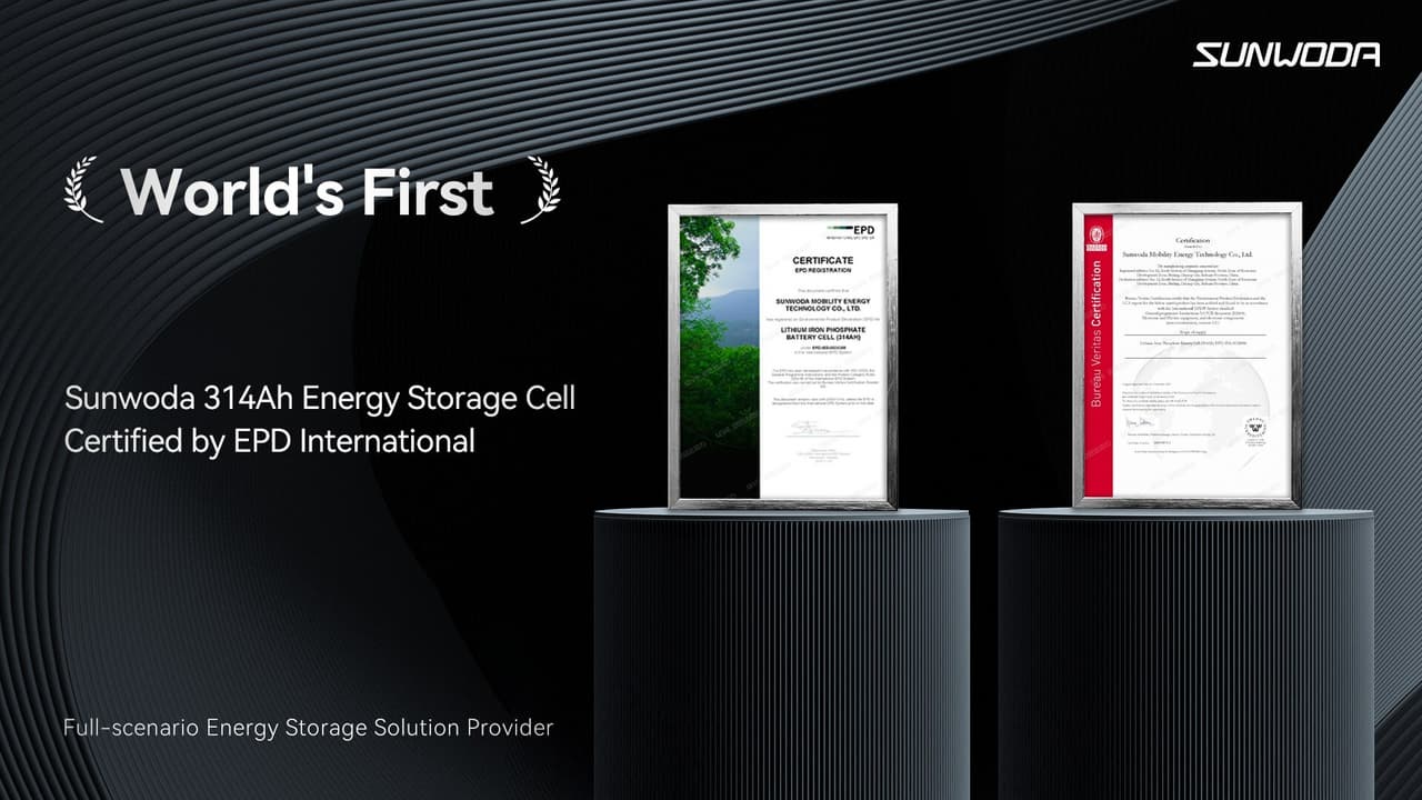 Sunwoda's 314Ah Cell is Now the World's First Battery Product Certified by EPD International