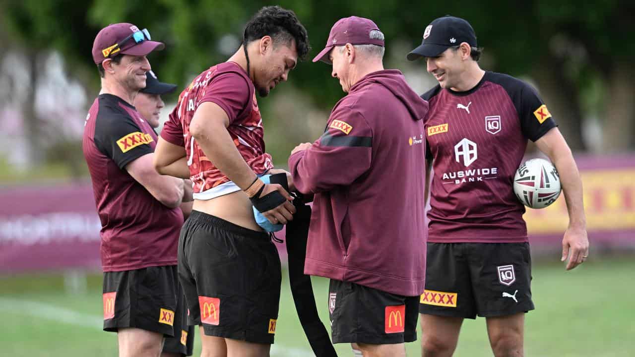 Nanai on ice after hip knock at Maroons training