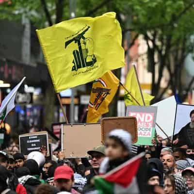 Protesters wave Hezbollah flags at Australian rally