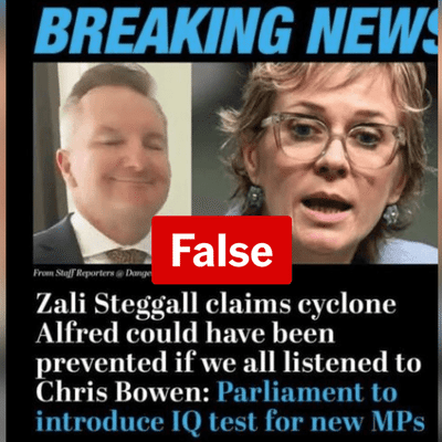 Fake headline about teal MP and parliament IQ tests deceives