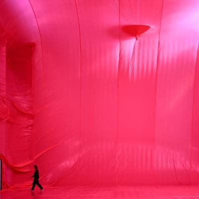 Rosy outlook: pink-hued exhibit reshapes building