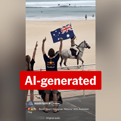 Video of Australian flag-wielding horse rider on Bondi Beach is AI slop
