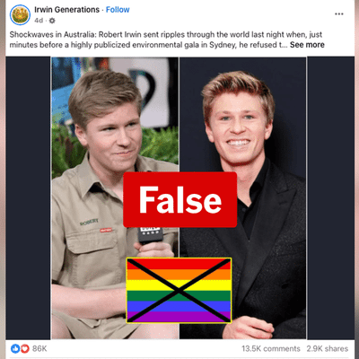 Claims Robert Irwin refused LGBTQI pin are fake