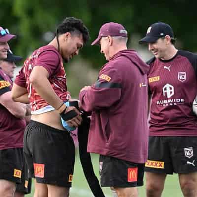 Nanai on ice after hip knock at Maroons training